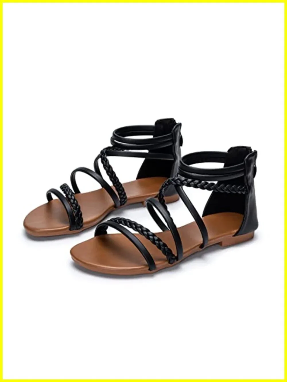 Women's Braided Strappy Flat Sandals with Back Zip, Faux Leather